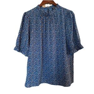 BTFBM Blue Floral High Neck Short Sleeve Blouse Size Large Ruffled Sleeves